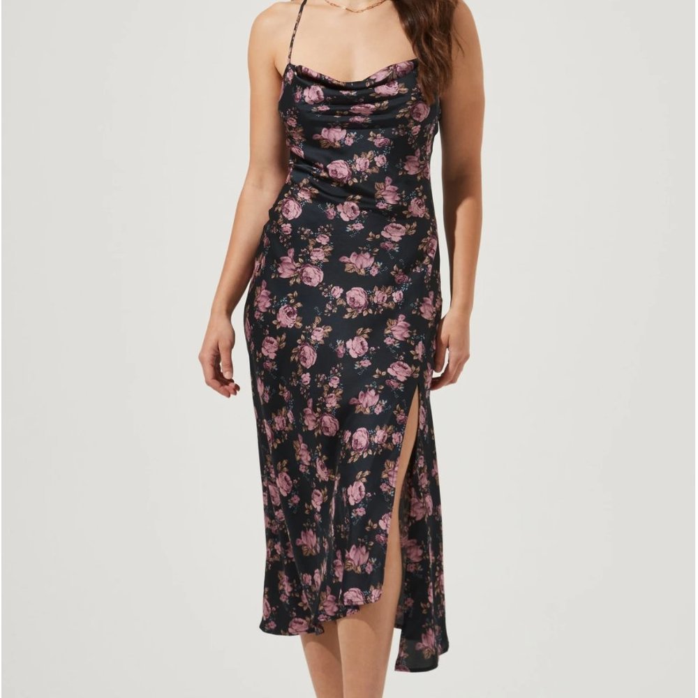 ASTR the Label - Gaia Floral Midi-Dress - Dark Navy Purple Floral - Size Small